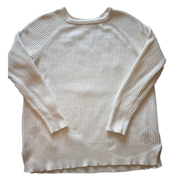 L.L. Bean Cotton Sweater Women’s L Cream Ribbed Crewneck Raglan Split Hem - Picture 2 of 8
